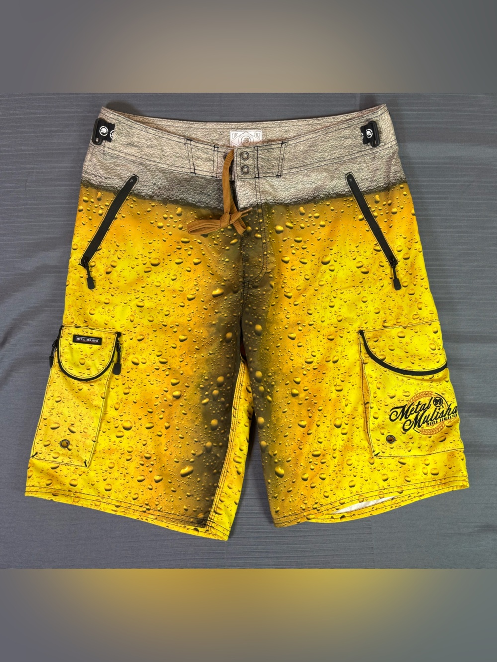 Metal Mulisha Technical Drinking Board Shorts Beer Pint Graphic Yellow 36 NWOT